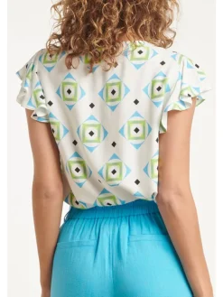 Blouse groen/lichtblauw/wit