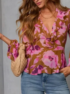 Blouse lichtbruin/paars