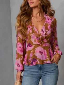 Blouse lichtbruin/paars