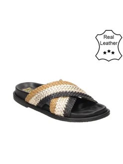 Leren pantoffels beige/zwart