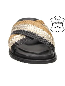 Leren pantoffels beige/zwart