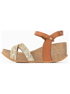 Leren sleehaksandalen camel/goudkleurig