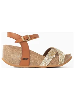 Leren sleehaksandalen camel/goudkleurig