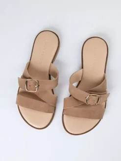 Leren slippers beige