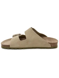 Leren slippers kaki
