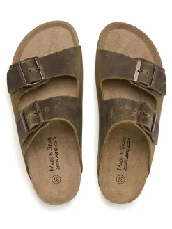Leren slippers kaki