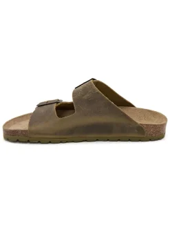 Leren slippers kaki