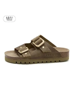 Leren slippers kaki