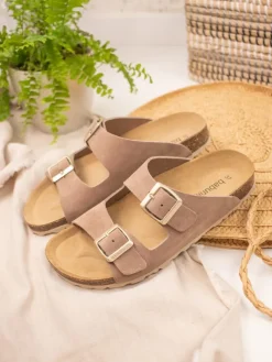 Leren slippers taupe