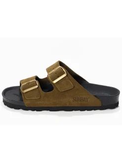 Leren slippers "Trefle" kaki