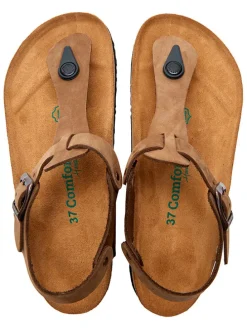 Leren teensandalen zandkleurig