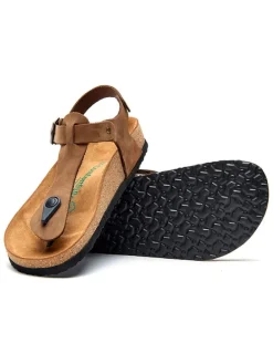 Leren teensandalen zandkleurig
