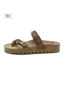 Leren teenslippers kaki