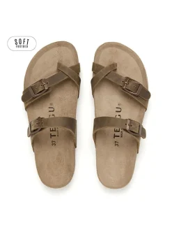 Leren teenslippers kaki
