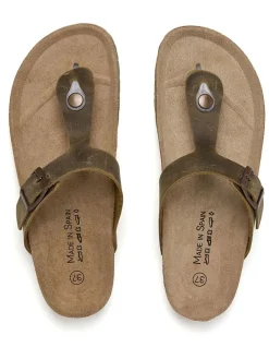Leren teenslippers kaki