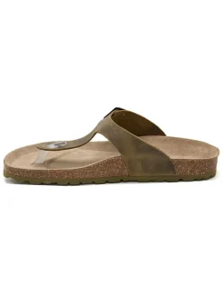 Leren teenslippers kaki