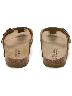Leren teenslippers kaki