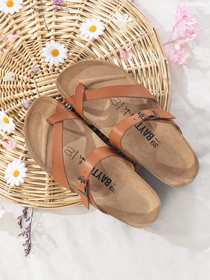 Leren teenslippers "Triade" lichtbruin