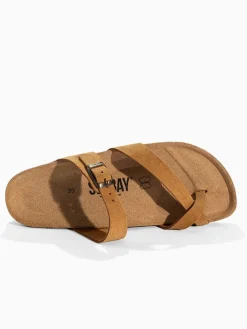 Leren teenslippers "Tulipe" lichtbruin