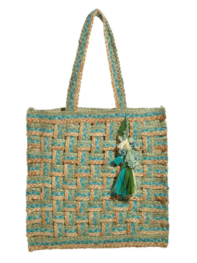 Schoudertas turquoise/beige - (B)40 x (H)40 x (D)3 cm